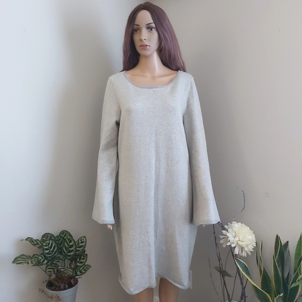 Ralph Lauren chevron chunky knit sweater dress bell long sleeves XL gray midi